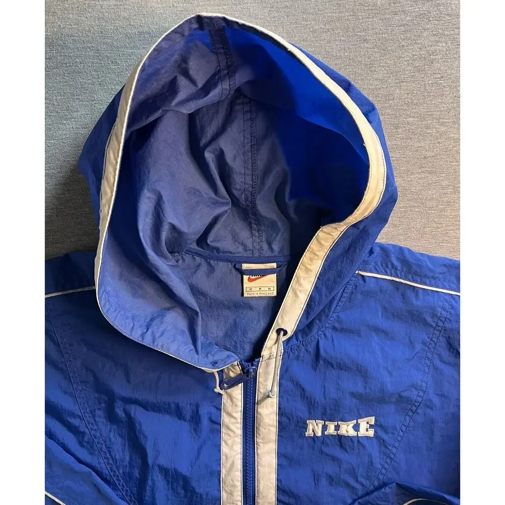 Vintage Nike Big Swoosh Windbreaker Full Zip Jacket Blue White MEDIUM Hood